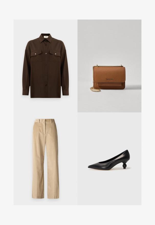 Donkerbruin langarm overhemd met knopen, voorzien van twee zakken met klep op de borst en een klassieke kraag, weergegeven tegen een effen witte achtergrond.; WEEKEND MaxMara TANIA - Broek - beige; Zwarte leren hoge hak schoen met een spitse neus en een ronde, bolle hak. Gladde textuur met een elegant, minimalistisch ontwerp.; Bruine lederen schoudertas met textuur, voorzien van een gouden kettingstrap en klepsluiting. De voorkant heeft een logo-detail en een zak onder de klep.