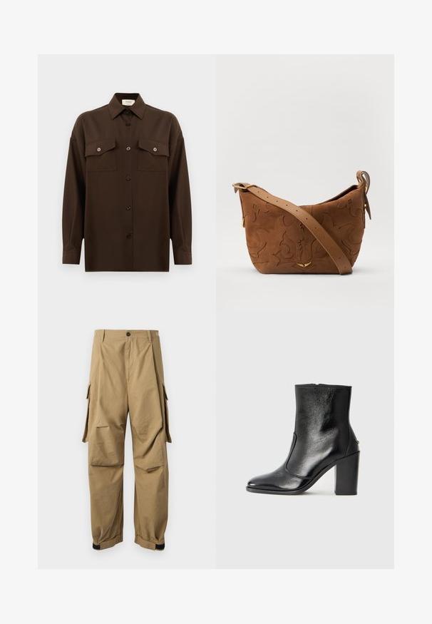 Dark brown long-sleeve button-up shirt with two flap chest pockets and a classic collar, displayed against a plain white background.; Khaki cargo pants made of lightweight fabric, featuring side cargo pockets, a button closure, and elastic cuffs at the ankles.; Black leather ankle boot with a smooth texture, pointed toe, and a chunky high heel. Features a side opening and minimalistic design.; Brown suede shoulder bag with embossed floral design, complemented by a smooth brown leather strap and gold-tone hardware accent.