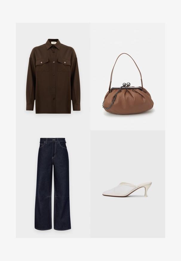 Tmavě hnědá košile s dlouhým rukávem a knoflíky, se dvěma kapsami na hrudi a klasickým límečkem, vystavená na čistém bílém pozadí.; Tmavě modré denimové kalhoty širokého střihu s kontrastním světlým švem, zapínáním na knoflík a zip a předními kapsami. Čistý design bez ozdob.; Bílé síťované psací muly s špičatou špičkou, štíhlým středně vysokým podpatkem a designem na nazouvání na jednobarevném pozadí.; Hnědá kožená taška s nařaseným designem, krátkým koženým uchem a řetízkovým popruhem. Obsahuje stříbrnou kovovou sponu se dvěma kulatými detaily.