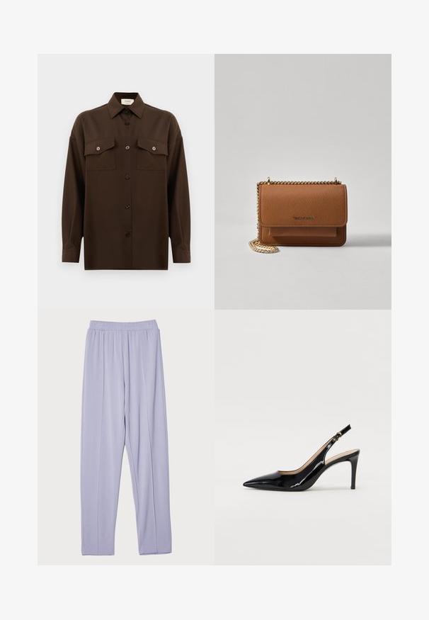 Dark brown long-sleeve button-up shirt with two flap chest pockets and a classic collar, displayed against a plain white background.; Light purple, elastic-waist, loose-fit trousers with a smooth texture and side pleats. Designed for comfort and ease of movement.; Black patent leather slingback pump with pointed toe, slim heel, and a subtle cutout design. Features a gold buckle on the strap.; Brown textured leather crossbody bag with gold chain strap and flap closure. Front features logo detail and a pocket under the flap.