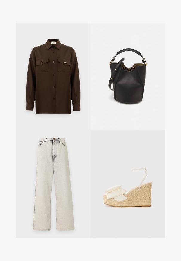 Dark brown long-sleeve button-up shirt with two flap chest pockets and a classic collar, displayed against a plain white background.; Wide-leg jeans in a light beige color with faded, distressed accents. Features five pockets and a metal button closure at the waist.; Wedge sandal with a natural jute platform, cream fabric upper, and two layered floral accents; features a thin ankle strap with buckle.; Black leather bucket bag with a textured finish, gold hardware accents, and an open top. Features a short handle and adjustable shoulder strap.
