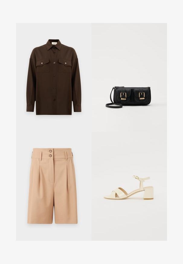 Cămașă lungă, cu mâneci lungi, de culoare maro închis, cu două buzunare frontale cu clapetă și guler clasic, expusă pe un fundal alb simplu.; Șorturi bej cu talie înaltă, două pliuri frontale și două închideri cu nasturi la talie. Țesătura pare fină și bine structurată.; Sandale cu toc din piele patent bej, cu un design cu curea încrucișată, vârf deschis, curea ajustabilă la gleznă și toc pătrat. Textură netedă.; Geantă neagră din piele, tip crossbody, cu două buzunare frontale, catarame aurii, închidere cu fermoar și o curea subțire. Suprafață texturată și formă rectangulară compactă.