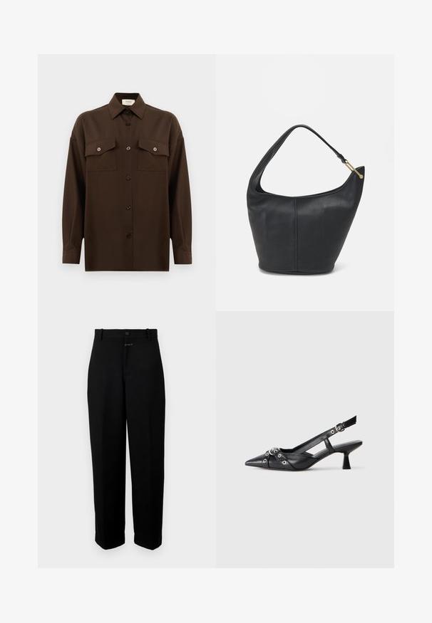 Tmavě hnědá košile s dlouhým rukávem a knoflíky, se dvěma kapsami na hrudi a klasickým límečkem, vystavená na čistém bílém pozadí.; Černé kalhoty z hladké látky, s knoflíkovým zapínáním, poutky na pásek a přímým střihem.; Černé kožené slingback boty s špičatou špičkou, dekorativními pásky s kovovými očky a nízkým blokovým podpatkem. Texturovaný povrch.; Černá kožená kabelka zaobleného tvaru, s širokým popruhem a texturovaným povrchem. Obsahuje jemné švy a akcenty ve zlatém tónu.