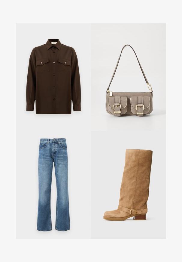 Camisa de manga larga de color marrón oscuro con botones, dos bolsillos en el pecho con solapa y un cuello clásico, exhibida contra un fondo blanco liso.; Vaqueros de tiro alto en azul claro, acampanados y hechos de mezclilla. Presentan un diseño clásico de cinco bolsillos, pasadores para cinturón y un cierre de cremallera con botón.; Bota de ante en tono marrón claro, de media caña, con un bajo tacón apilado, puntera redonda y una correa ajustable con un hebilla dorada alrededor del tobillo.; Bolso de mano texturizado en color beige con correa ajustable, dos bolsillos frontales asegurados por hebillas y acentos en dorado. Cierre con cremallera en la parte superior.