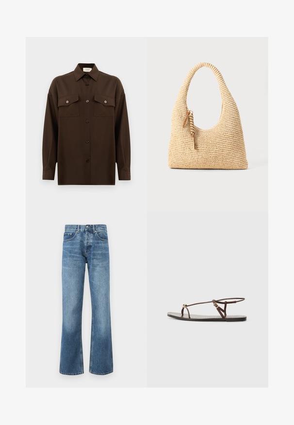 Tamno smeđa dugosleeve košulja s dugim rukavima i dugmadi, s dva džepa s preklopom na prsima i klasičnim ovratnikom, prikazana na jednostavnoj bijeloj pozadini.; Svijetloplave traperice s podužim nogavicama. Imaju klasični dizajn s pet džepova, petlje za remen i zatvarač s dugmetom.; Smeđi kožni sandal s tankim trakama, zlatnim kružnim akcentom i ravnim đonom. Minimalistički dizajn s detaljem s podesivom kopčom.; Tkanina bežna torba s zakrivljenim ručkom, teksturiranom površinom i smeškom smeškom od smeđe boje. Ima opušten oblik hobo torbe.