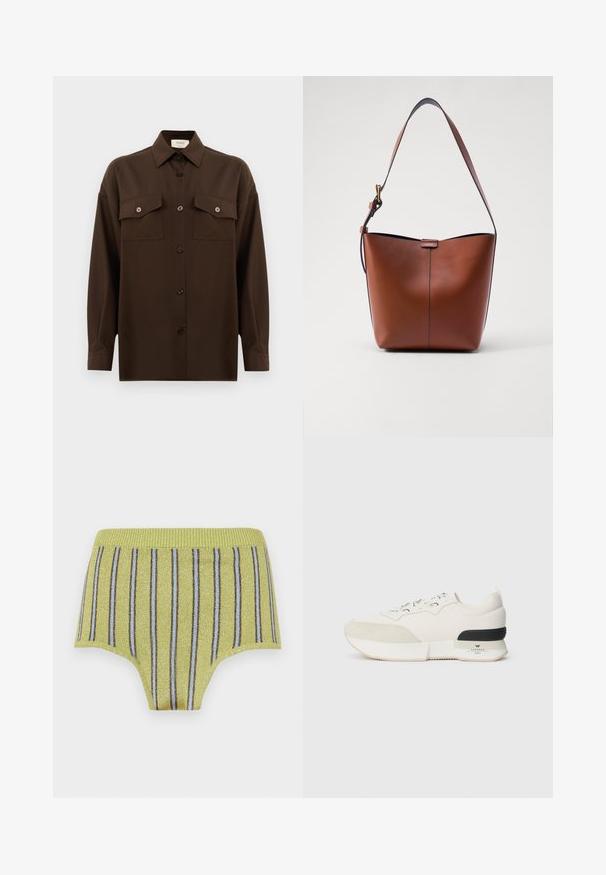 Tumši brūns garām piedurknēm pogājams krekls ar diviem kabatām uz krūtīm un klasisku apkakli, attēlots uz vienkārša baltā fona.; Dzelteni riboti apakšveļa ar spīdīgām zelta diegiem un vertikālām zila un brūna krāsas svītrām. Tam ir plata elastīga josta un gluda tekstūra.; Baltie kedas ar teksturētu zamšādu purngalu, gludu acu auduma augšdaļu, dekoratīvu auklu un melnu gumijas papēža akcentu.; Brūna ādas plecu soma ar izliekta formu, gludu tekstūru un vienu plānu siksnu. Iekļauj subtilu šuvumu un mazu logotipa detaļu.