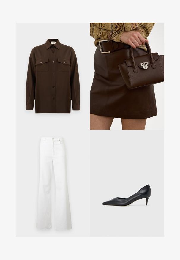 Mörkbrun långärmad skjorta med knappar, två fällbara bröstfickor och klassisk krage, visad mot en enkel vit bakgrund.; Vita utställda denimjeans med hög midja, med knapplås och dragkedja, två framfickor och en ren, solid textur.; Svart läderpumps med spetsig tå och låg klack. Har en slät textur och subtil glans. Öppet utskuret fram för extra detalj.; Brun läderhandväska med texturerad yta och silverdetaljer, hålls med en hand bredvid en brun läderkjol och en mönstrad tröja.