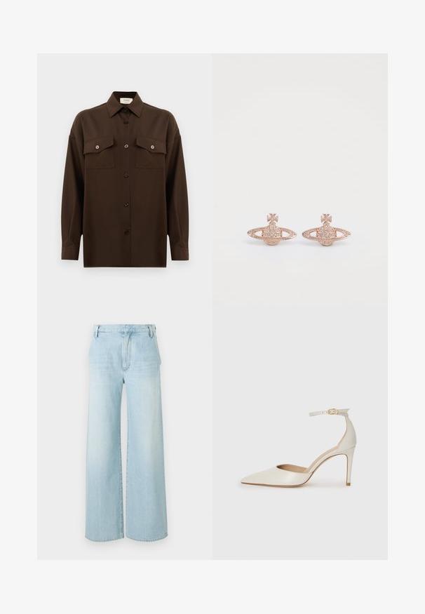 Dark brown long-sleeve button-up shirt with two flap chest pockets and a classic collar, displayed against a plain white background.; Light blue wide-leg jeans made of denim. Features a high waist, five-pocket design, and subtle fading with a clean hem.; White leather high-heeled shoe with a pointed toe, ankle strap, and a slim stiletto heel. Smooth texture with subtle glossy finish.; Rose gold earrings featuring a geometric design with circular accents and a cross motif, embellished with small clear crystals.
