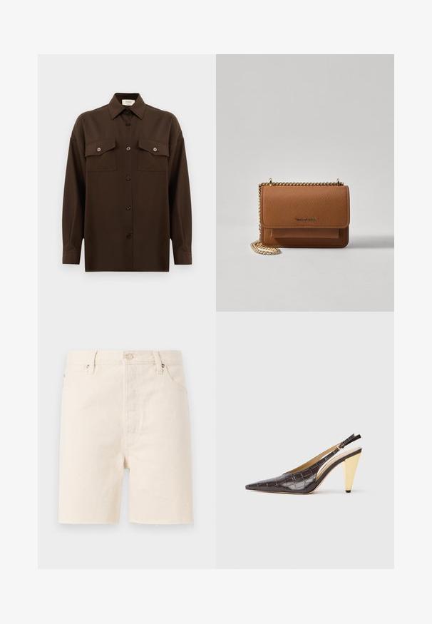 Camicia marrone scuro a maniche lunghe con bottoni, dotata di due tasche a pattina sul petto e colletto classico, mostrata su uno sfondo bianco uniforme.; Shorts in denim beige con taglio dritto, dotati di chiusura con bottone, passanti per cintura e orlo sfrangiato. Design a cinque tasche.; Tacco slingback a punta in ecopelle lucida effetto coccodrillo marrone scuro. Caratterizzato da un tacco geometrico in tonalità oro e da una cinghia alla caviglia regolabile.; Borsa a tracolla in pelle marrone con texture, dotata di catena dorata e chiusura a pattina. Sul davanti presenta un dettaglio con logo e una tasca sotto la pattina.