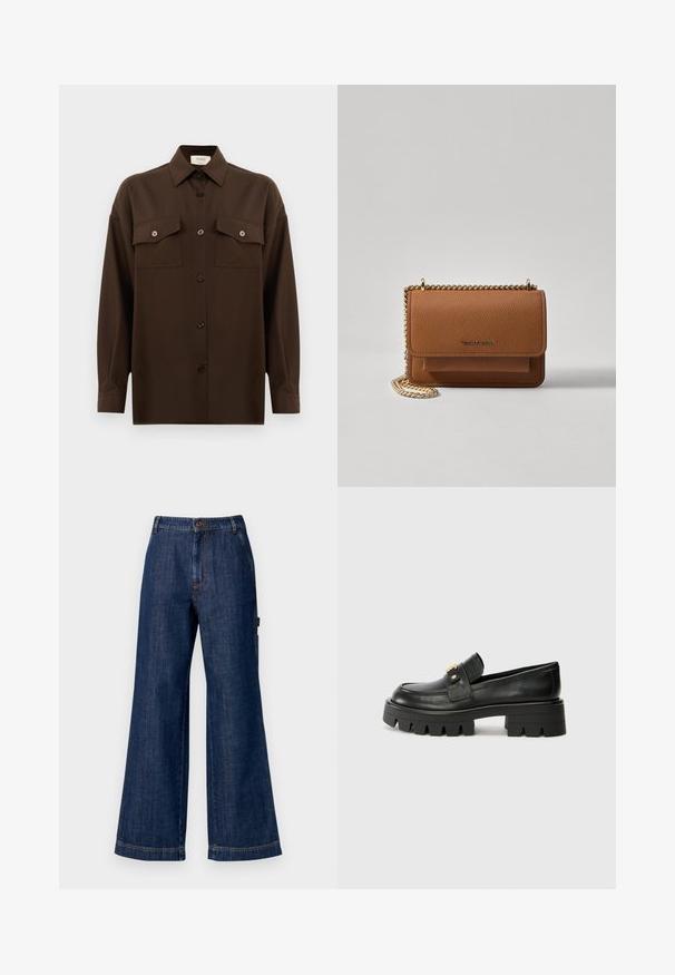 Tumepruun pikkade varrukatega nööbitav särk kahe klapp-taskuga rinnal ja klassikalise kraega, esitlemiseks lihtsa valge tausta ees.; Tumedate kinnased tumedas indigos. Omab standardset vöökohta nupu ja küljetaskutega ning sirgeid ääri. Klassikaline viie-tasku disain.; Mustast nahkfrontaalid, millel on paks tald, esiosas kullatooni aksent ja sile viimistlus. Talse paksu mustriga disain.; Pruun tekstureeritud nahk ristkeha kott kuldse ahelaga rihmaga ja klapiga sulgemine. Esiküljel on logo detail ja tasku klapi all.