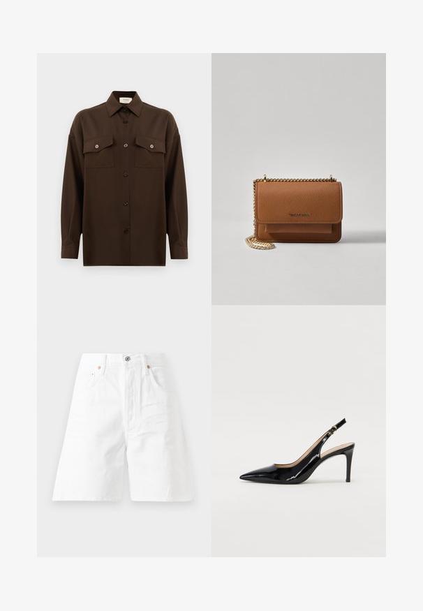 Tamsiai rudas ilgarankovis mygtukų marškiniai su dviem kišenėmis ant krūtinės ir klasikiniais apykakle, pristatomas prieš paprastą baltą foną.; Balti džinsiniai šortai su aukštu liemeniu, penkių kišenių dizainu ir užtrauktuku. Yra vario atspalvio detalės ir laisvas siluetas.; Juodas lakinės odos slingback batelis su smailiu nosiu, plonu kulnu ir subtiliu išpjovos dizainu. Yra auksinė sagtis ant dirželio.; Ruda tekstūruota odinė per petį nešama rankinė su auksiniu grandininiu dirželiu ir užlenkiamo užsegimo. Priekinėje pusėje yra logotipo detalė ir kišenė po užlenkimu.