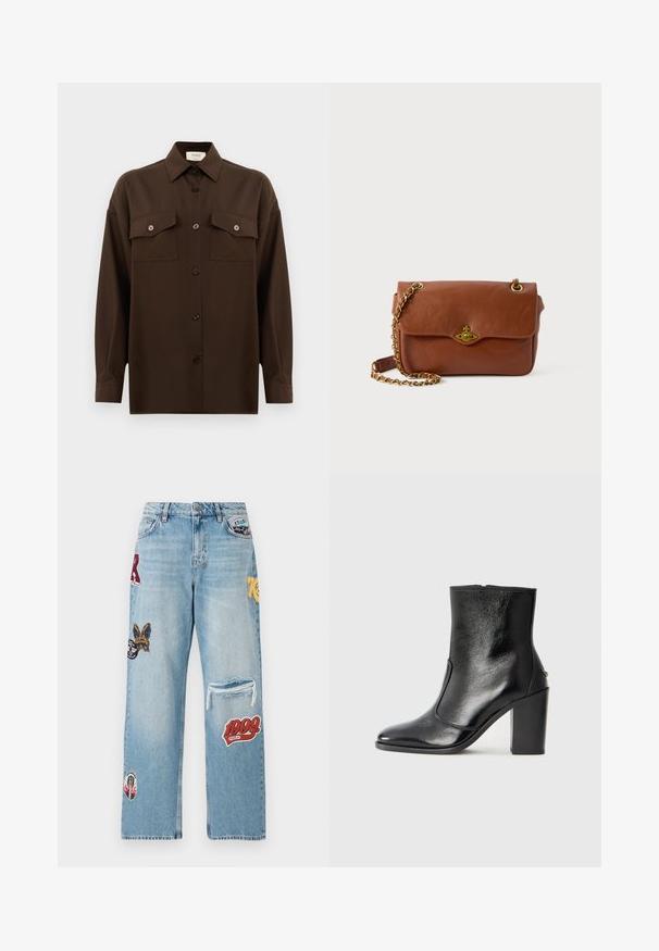 Tumši brūns garām piedurknēm pogājams krekls ar diviem kabatām uz krūtīm un klasisku apkakli, attēlots uz vienkārša baltā fona.; Gai zili džinsi ar dažādiem plāksteriem, izsistumu ceļgalā un platām kājām. Ievērojamās krāsas ietver sarkano, dzelteno un melno.; Melnas ādas potīšu zābaki ar gludu tekstūru, smailu purngalu un masīlu augstu papēdi. Iekļauts sānu atvērums un minimālistisks dizains.; Brūns ādas crossbody soma ar vāku slēgšanu, zelta aparatūru un ķēdes siksnu. Gluda tekstūra, taisnstūra forma, minimāla detaļu klātbūtne.