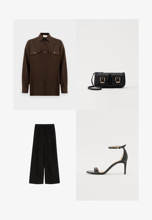 Tumši brūns garām piedurknēm pogājams krekls ar diviem kabatām uz krūtīm un klasisku apkakli, attēlots uz vienkārša baltā fona.; Melni plaša kāju bikses ar augstu jostasvietu, kurām ir ieloces un gluda tekstūra. Tīrs dizains bez redzamām detaļām vai rotājumiem.; Melnas ādas augstpapēžu sandales ar potītes siksniņu. Iezīmes gluda tekstūra, atvērta purngala un plāna papēža. Zelta krāsas sprādzes detaļa.; Melnas ādas crossbody soma ar divām priekšējām kabatām, zelta sprādzēm, ar rāvējslēdzēju aizdari un šauru siksnu. Strukturēta virsma un kompakta taisnstūra forma.