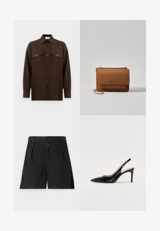 Cămașă lungă, cu mâneci lungi, de culoare maro închis, cu două buzunare frontale cu clapetă și guler clasic, expusă pe un fundal alb simplu.; CLOSED REVYL - Pantaloni scurți din denim - black; Pantofi slingback din piele patent neagră, cu vârful ascuțit, tocul subțire și un design discret cu decupaj. Se evidențiază printr-un cataramă aurie pe curea.; Geantă crossbody din piele texturată maro, cu curea din lanț aurit și închidere cu clapetă. Partea din față prezintă detalii cu logo și o buzunar sub clapetă.