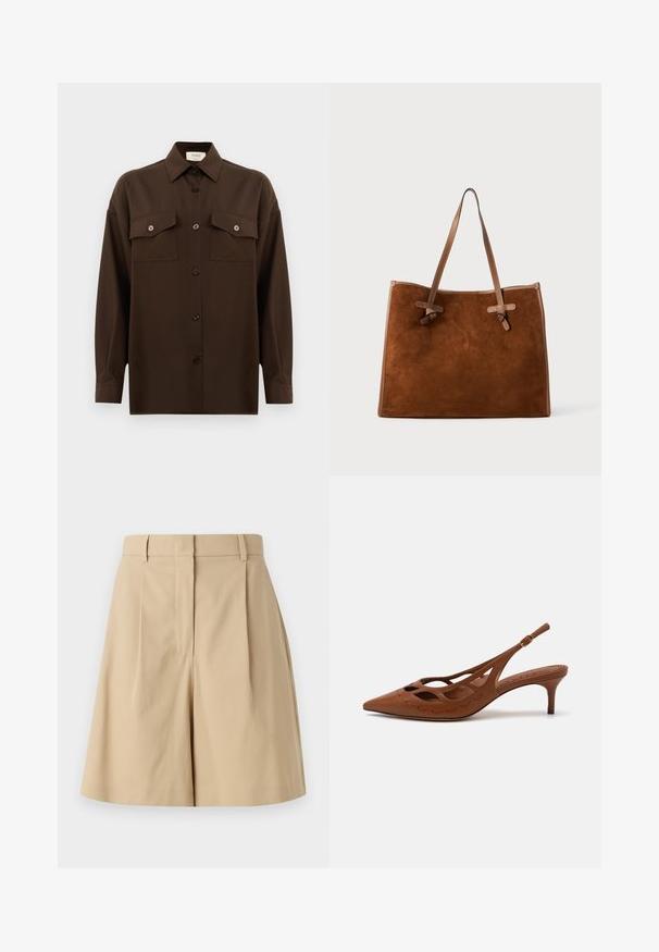 Ciemnobrązowa, długa koszula z guzikami, z dwiema kieszeniami na klatce piersiowej i klasycznym kołnierzykiem, zaprezentowana na jednolitym białym tle.; Beżowe szorty plisowane z wysokim stanem, charakteryzujące się gładką fakturą i brakiem widocznych zapięć, skrojone na czystą sylwetkę.; Brązowe skórzane czółenka typu slingback z wąskim noskiem, wyciętym wzorem i przeszyciami. Posiadają smukły obcas oraz regulowany pasek.; Brązowa zamszowa torba tote z dwoma skórzanymi uchwytami, płaski kształt, przeszywane akcenty i detal w formie węzła po bokach. Brak widocznych zapięć.