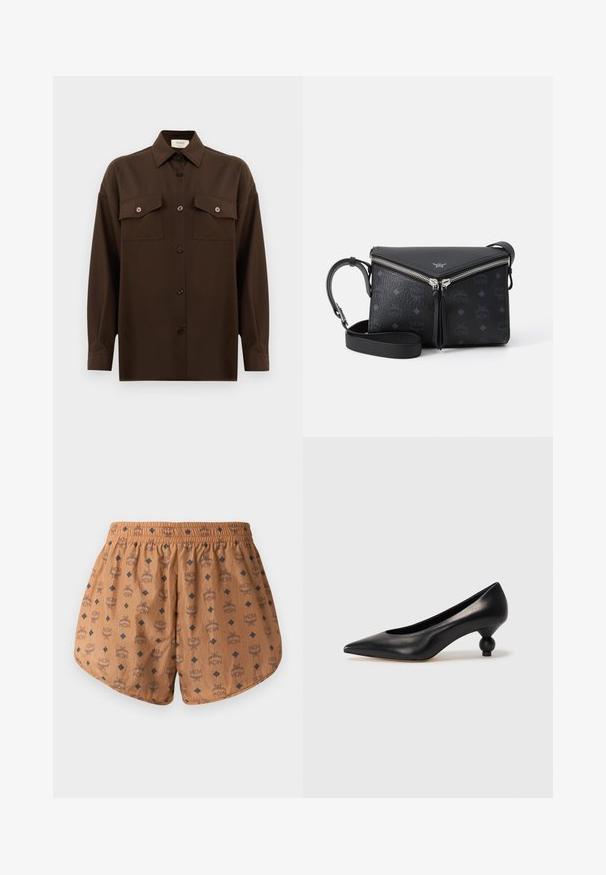 Camisa de manga larga de color marrón oscuro con botones, dos bolsillos en el pecho con solapa y un cuello clásico, exhibida contra un fondo blanco liso.; Pantalones cortos marrones con un patrón de logotipos en toda la prenda, acentos en azul oscuro y diamante, cinturilla elástica y una tela ligera y texturada.; Zapato de tacón alto de cuero negro con puntera afilada y un tacón redondeado y abombado. Textura suave con un diseño elegante y minimalista.; Bolso de cuero negro tipo bandolera con cremallera en forma de V plateada, patrón de logo grabado y correa ajustable sobre fondo blanco.