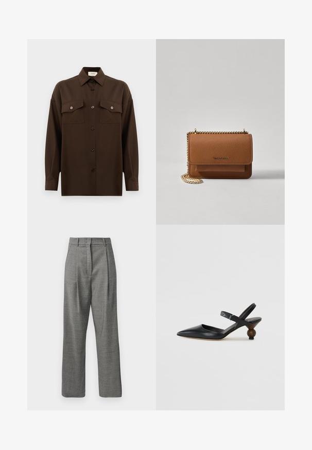 Tamsiai rudas ilgarankovis mygtukų marškiniai su dviem kišenėmis ant krūtinės ir klasikiniais apykakle, pristatomas prieš paprastą baltą foną.; Pilkos aukščiau juosmens kelnės su mažais langeliais, priekyje raukšlėmis, diržo kilputėmis ir tiesiomis kojomis ant balto fono.; Juodos odinės slingback tipo bateliai su smailiu nosiu, išlenktu dizainu ir apvaliu medžio imitacijos kulnu. Pabrėžia siauras kulkšnies dirželis.; Ruda tekstūruota odinė per petį nešama rankinė su auksiniu grandininiu dirželiu ir užlenkiamo užsegimo. Priekinėje pusėje yra logotipo detalė ir kišenė po užlenkimu.