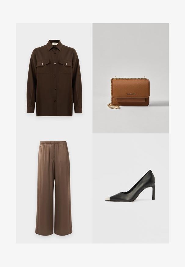Cămașă lungă, cu mâneci lungi, de culoare maro închis, cu două buzunare frontale cu clapetă și guler clasic, expusă pe un fundal alb simplu.; Pantaloni largi, maro, cu talie elastică și țesătură netedă, expuși pe un fundal alb simplu.; Pantof cu toc înalt din piele neagră, cu vârf ascuțit și un capac metalic argintiu. Are un finisaj neted și un toc subțire de 10 cm.; Geantă crossbody din piele texturată maro, cu curea din lanț aurit și închidere cu clapetă. Partea din față prezintă detalii cu logo și o buzunar sub clapetă.