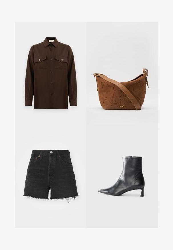 Tumepruun pikkade varrukatega nööbitav särk kahe klapp-taskuga rinnal ja klassikalise kraega, esitlemiseks lihtsa valge tausta ees.; Mustad teksapüksid kõrge vöökohaga, narmastega ääres ja vaskpruunid niidid. Omab klassikalist viie tasku kujundust ja nööbiga sulgemist.; Mustad mustall nahkasaabas terava nina ja stiilse disainiga. Omab madalat konts ja luku sulgemist taga. Sile tekstuur.; Pruun sametist õlavarre kott, millel on reljeefne lillemuster, mida täiendab sile pruun nahast rihm ja kuldse tooni lisandid.