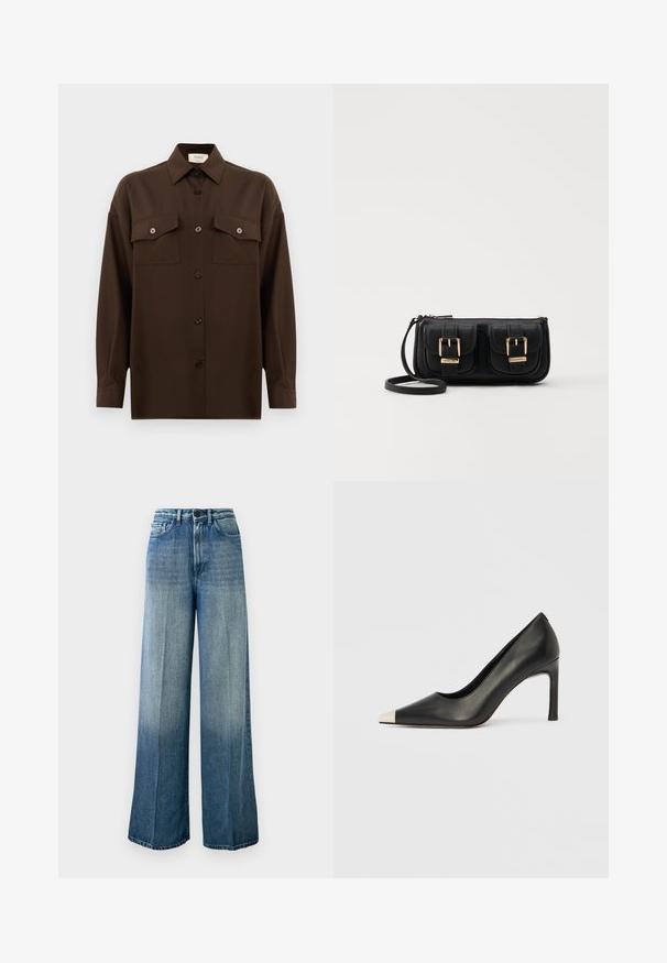 Donkerbruin langarm overhemd met knopen, voorzien van twee zakken met klep op de borst en een klassieke kraag, weergegeven tegen een effen witte achtergrond.; Lichtblauwe, wijde jeans gemaakt van denim. Heeft een hoge taille, een klassieke vijf-pocket ontwerp, en een vervaagde gradient van donker naar licht.; Zwarte leren hoge hak met een spits toelopende neus en een metalen zilverkleurige kap. Heeft een gladde afwerking en een slanke hak van 10 cm.; Zwarte leren schoudertas met twee vo pockets, gouden gespen, ritsluiting en een smalle band. Tekstuur oppervlak en compacte rechthoekige vorm.