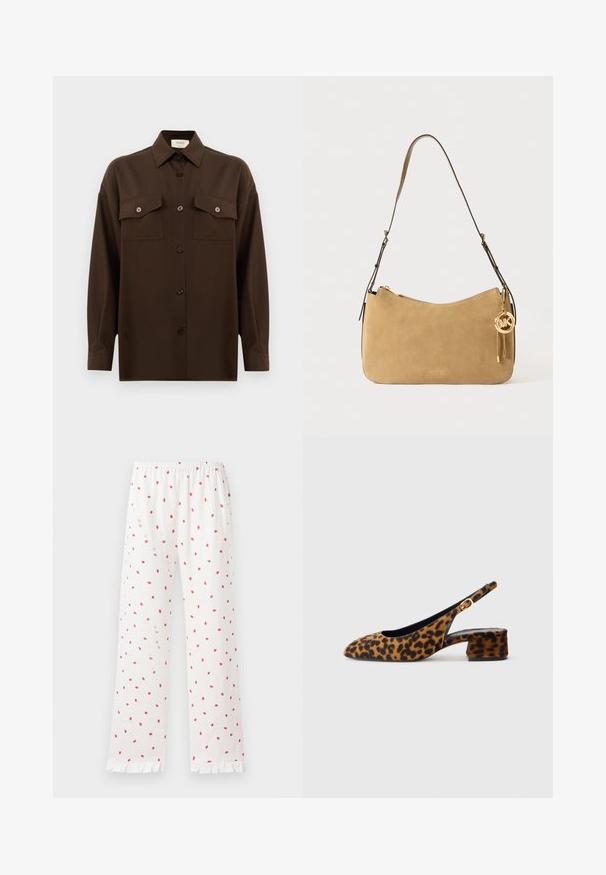 Tmavohnedá košeľa s dlhým rukávom, na gombíky, s dvoma vreckami na hrudi a klasickým golierom, umiestnená na jednoduchom bielom pozadí.; Voľné biele pyžamové nohavice s červeným potlačou jahôd, elastický pás a volánové lemy. Ľahká tkanina a rovný strih.; Dámska slingback obuv s leopardím vzorom, nízkym blokovým podpätkom a zlatou sponou na bočnom popruhu, zobrazená v bočnom profile na jednoduchom pozadí.; Kozmetická taška z pieskového semišu s zakriveným tvarom, zlatými kovovými doplnkami a zipsovým uzáverom. Obsahuje pripojený prívesok s iniciálkami "MK".