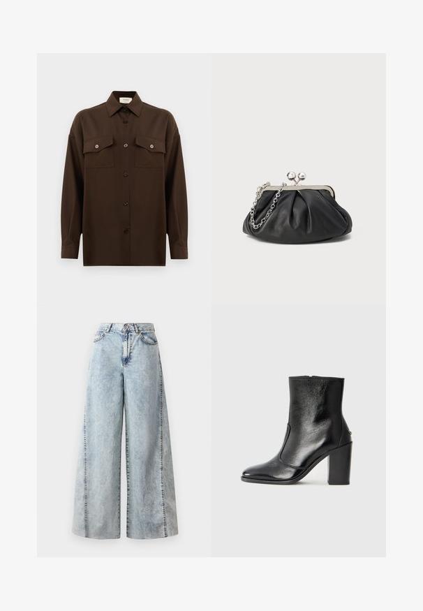 Tamsiai rudas ilgarankovis mygtukų marškiniai su dviem kišenėmis ant krūtinės ir klasikiniais apykakle, pristatomas prieš paprastą baltą foną.; Šviesiai mėlynos plačios džinsinės kelnes su kontrastinėmis siūlėmis, aukštu liemeniu ir dviem šoninėmis kišenėmis. Sukurtos laisvai ir patogiai.; Juodas odinis kulkšninis batas su lygiu paviršiumi, smailiu pirštu ir masyviu aukštu kulnu. Savybė - šoninis atidarymas ir minimalistiškas dizainas.; Juodas odinis delninukas su susiraukusiu tekstūru, sidabrinės spalvos metalo rėmas, uždaromas užsukamu užtrauktuku bei grandinėlės dirželis. Lygus, minkštas paviršius.