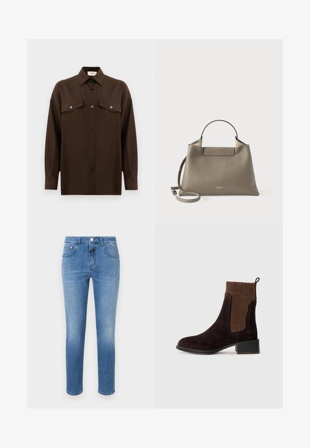 Temno rjav srajca z dolgimi rokavi na gumbe, z dvema žepoma na prsih in klasičnim ovratnikom, prikazana na enotni beli podlagi.; Svetlo modri džins hlače z rednim krojem, ravnimi nogavicami, petimi žepi in kovinskim gumbom za zapiranje na pasu.; Bordo nubuk gležnjača z teksturiranim rjavim rebrastim pletenim zgornjim delom, gladko površino, nizko blokasto peto in zanko na peti za lažje obuvanje.; Usnjena torba v sivi barvi z teksturo, z zgornjo ročico in nastavljivo ramensko naramnico, ki se ponaša z minimalističnim dizajnom in subtilno blagovno znamko embosirano spredaj.