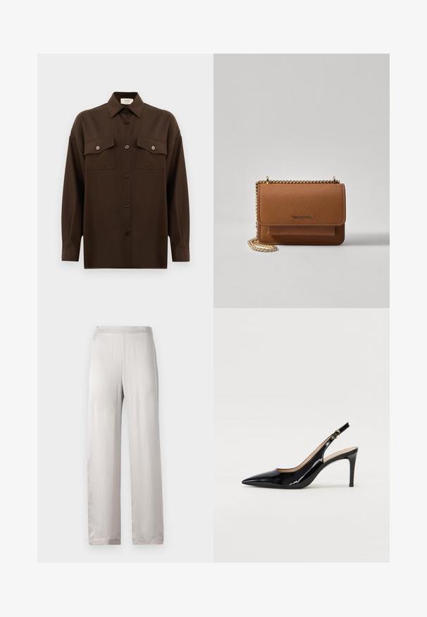 Temno rjav srajca z dolgimi rokavi na gumbe, z dvema žepoma na prsih in klasičnim ovratnikom, prikazana na enotni beli podlagi.; Svetlo sivi satenasti hlače širokih nogavica. Gladka tekstura, elastičen pas in brez vidnih vzorcev ali kovinskih dodatkov.; Črne lakirane slingback čevlje z izostrenim nosom, ozkim peto in subtilnim izrezom. Na traku je zlata sponka.; Rjava teksturirana usnjena torba čez ramo z zlatim verižnim trakom in zapiranjem na pokrov. Spredaj je vidna podrobnost logotipa in žep pod pokrovom.