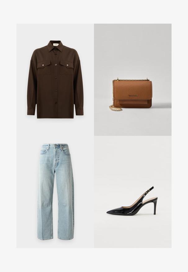 Tamno smeđa dugosleeve košulja s dugim rukavima i dugmadi, s dva džepa s preklopom na prsima i klasičnim ovratnikom, prikazana na jednostavnoj bijeloj pozadini.; Svijetloplave široke traperice izrađene od denima. Imaju visok struk, dva prednja džepa i ravne nogavice s blagim izblijedjenjem tkanine.; Crne lakirane slingback cipele s oštrim vrhom, uskim potpeticama i suptilnim izrezom. Sadrže zlatnu kopču na traku.; Smeđa kožna torba preko tijela s teksturom, zlatnim lančićem i preklopom na zatvaranju. Na prednjoj strani nalazi se detalj s potpisom i džep ispod preklopa.