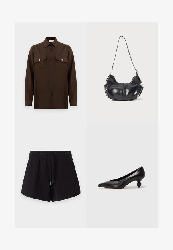 Camicia marrone scuro a maniche lunghe con bottoni, dotata di due tasche a pattina sul petto e colletto classico, mostrata su uno sfondo bianco uniforme.; Pantaloni sportivi neri realizzati in un morbido tessuto. Presentano una vita elasticizzata con cordoncino, tasche laterali e una vestibilità comoda.; Scarpa con tacco alto in pelle nera, con punta affilata e tacco arrotondato e bombato. Texture liscia con un design elegante e minimalista.; Borsa a spalla a forma di mezzaluna in pelle nera con zip argento su entrambi i lati e una singola tracolla.