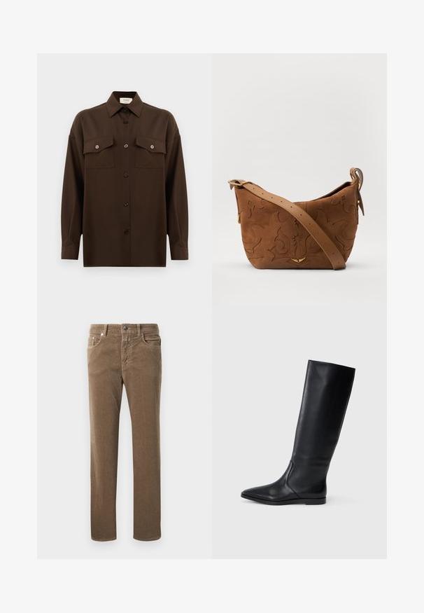 Tumši brūns garām piedurknēm pogājams krekls ar diviem kabatām uz krūtīm un klasisku apkakli, attēlots uz vienkārša baltā fona.; Brūni korduroja taisnās kājas bikses ar priekšējiem kabatām, jostu cilpiņām un pogu aizdari uz baltā fona.; Melnas ādas ceļgala augstas zābaki ar smailu purngali un minimālistisku dizainu. Gluda tekstūra un plakana zole, ar diskrētām sānu šuvju detaļām.; Brūns zamšs plecu soma ar iegravētu ziedu dizainu, papildināta ar gludu brūnu ādas siksnu un zelta toņa detaļām.