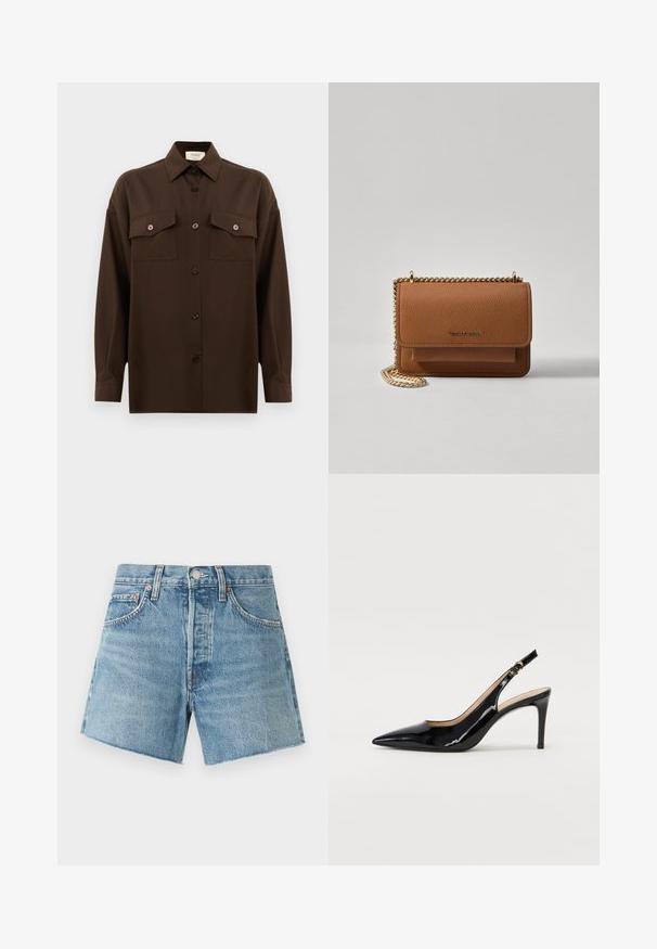 Dark brown long-sleeve button-up shirt with two flap chest pockets and a classic collar, displayed against a plain white background.; Light blue denim shorts with a high waist, frayed hem, five pockets, copper rivets, and a zip-fly closure. Textured, casual design.; Black patent leather slingback pump with pointed toe, slim heel, and a subtle cutout design. Features a gold buckle on the strap.; Brown textured leather crossbody bag with gold chain strap and flap closure. Front features logo detail and a pocket under the flap.