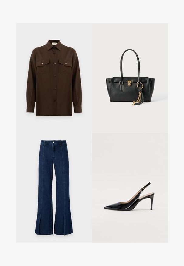 Sötétbarna, hosszú ujjú, gombos ing, két zsebével a mellén és klasszikus gallérral, egyszerű fehér háttér előtt bemutatva.; Sötétkék, széles szárú farmernadrág, magas derekú, szélen hasítékkal és klasszikus öt zsebes kivitelezéssel, fém gombos záródással.; Fekete lakk bőr kötött magassarkú cipő, hegyes orral és karcsú sarokkal, finom kivágásos dizájnnal. Az övön arany csatt található.; Fekete bőr kézitáska dupla fogantyúkkal, aranyzárral és lánc részletekkel, fekete-fehér bojt kiegészítővel, fehér háttéren.