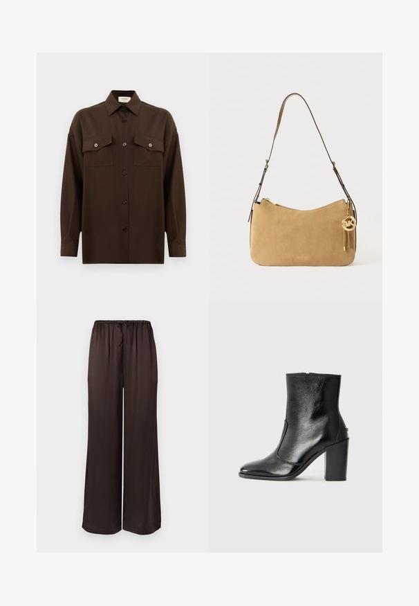 Chemise à manches longues brun foncé avec boutons, dotée de deux poches poitrine à rabat et d'un col classique, présentée sur un fond blanc uni.; Pantalon noir à jambes larges en tissu lisse avec taille élastique et cordon de serrage. Doté d'une coupe ample et fluide.; Bottine en cuir noir, avec une texture lisse, un bout pointu et un talon chunky haut. Présente une ouverture sur le côté et un design minimaliste.; Sac à épaule en suède beige avec une forme courbée, quincaillerie dorée et fermeture éclair. Possède un charm attaché avec les initiales "MK".