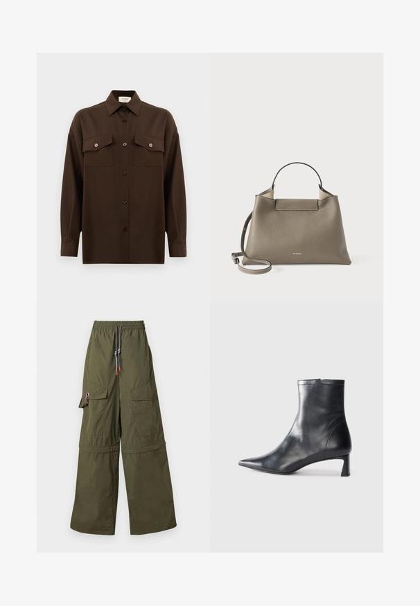 Tumepruun pikkade varrukatega nööbitav särk kahe klapp-taskuga rinnal ja klassikalise kraega, esitlemiseks lihtsa valge tausta ees.; Roheline laiade jalgadega cargo püksid, valmistatud kergest materjalist. Neil on elastne vöökoht, mitmed taskud ja silmapaistvad nööridetalid.; Mustad mustall nahkasaabas terava nina ja stiilse disainiga. Omab madalat konts ja luku sulgemist taga. Sile tekstuur.; Kareda hall nahkakott, millel on ülemine käepide ja reguleeritav õlavöö, millel on minimalistlik disain ja diskreetne bränding, mis on esiküljel sisse pressitud.