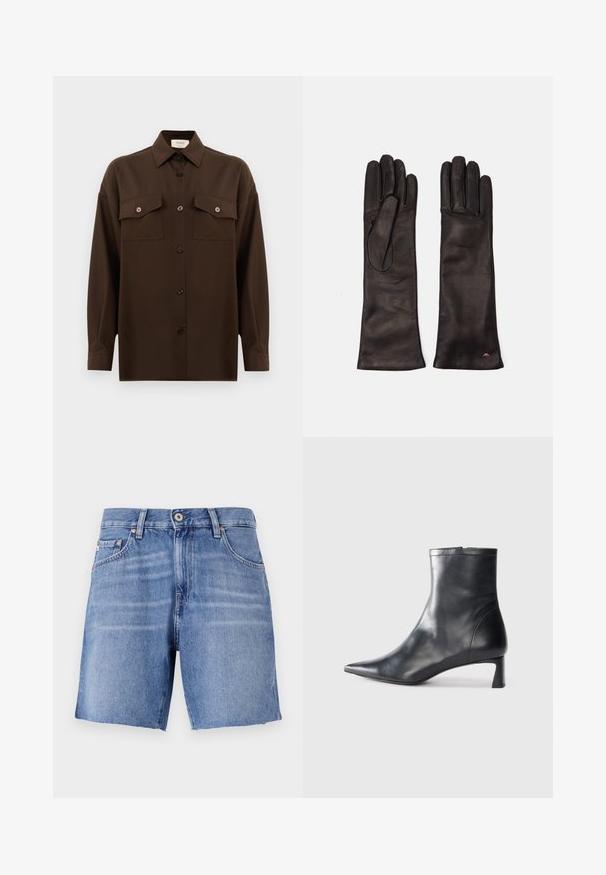 Tmavohnedá košeľa s dlhým rukávom, na gombíky, s dvoma vreckami na hrudi a klasickým golierom, umiestnená na jednoduchom bielom pozadí.; Svetlo modré riflové šortky s rovného strihu, rozstrapkaným lemom, piatimi vreckami a kovovým zapínaním. Tkanina má hladkú štruktúru s jemným vyblednutím.; Čierne kožené členkové topánky s špicatou špičkou a elegantným dizajnom. Majú nízky podpätok a zips na zadnej strane. Hladká textúra.; Weekend Max Mara SENAPE - Rukavice - nero