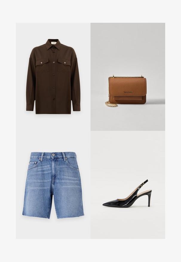 Camisa de botões de manga longa castanho-escuro, com dois bolsos de aba no peito e um colarinho clássico, apresentada contra um fundo branco liso.; Calções de ganga azul claro com corte reto, bainha desfiada, cinco bolsos e fecho com botão metálico. O tecido tem uma textura suave com ligeira desvanecimento.; Sandal com salto em verniz preto, bico fino, salto esguio e um design de recorte subtil. Apresenta uma fivela dourada na alça.; Bolsa crossbody de couro texturizado castanho com alça de corrente dourada e fecho com aba. A parte da frente apresenta detalhe do logótipo e um bolso sob a aba.