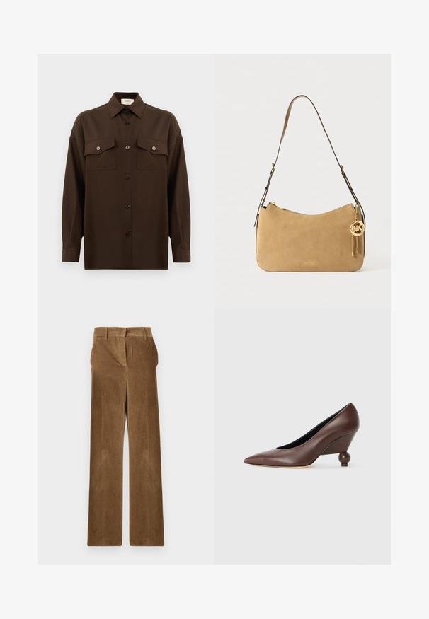 Dunkelbraunes Langarmhemd mit Knopfleiste, zwei Brusttaschen mit Klappe und klassischem Kragen, vor einem schlichten weißen Hintergrund präsentiert.; Braune Cord-Jeans mit weitem Bein, Gürtelschlaufen und Fronttaschen, flach auf einem weißen Hintergrund ausgestellt.; Braune Leder-Wedge-Pumpe mit spitzem Zeh und runder, ballförmiger Ferse. Glatte Textur mit einem schlichten Design und minimalen Akzenten.; Beige Wildleder-Umhängetasche mit geschwungener Form, goldener Hardware und Reißverschluss. Verfügt über einen angehängten Charm mit den Initialen "MK."
