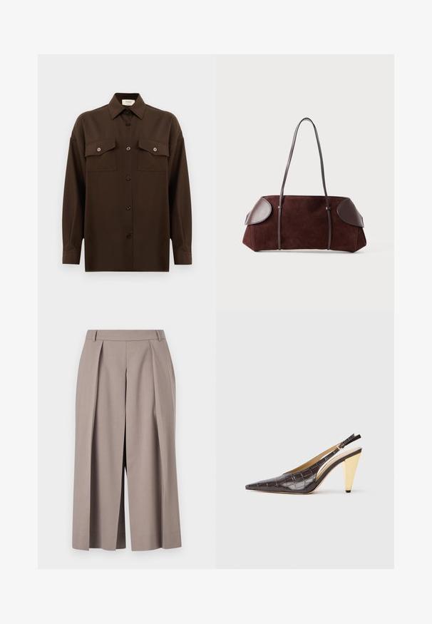Sötétbarna, hosszú ujjú, gombos ing, két zsebével a mellén és klasszikus gallérral, egyszerű fehér háttér előtt bemutatva.; Tiger of Sweden MALIAS - Rövidnadrágok - mole; Hegyes orrú slingback sarok sötétbarna, fényes mű krokodilbőrben. Aranyszínű geometrikus sarka és állítható bokapánt jellemzi.; Barna velúr táska bőrkiegészítőkkel, strukturált forma, dupla vállpántok és kerekded élek, sima felülettel és minimális fém kiegészítőkkel.