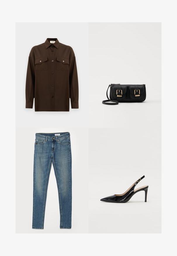 Tamno smeđa dugosleeve košulja s dugim rukavima i dugmadi, s dva džepa s preklopom na prsima i klasičnim ovratnikom, prikazana na jednostavnoj bijeloj pozadini.; Uske traperice u svijetloplavom denimu. Ima pet džepova, patentni zatvarač i kontrastno žutu šavnu obrubu na šavovima i džepovima.; Crne lakirane slingback cipele s oštrim vrhom, uskim potpeticama i suptilnim izrezom. Sadrže zlatnu kopču na traku.; Crna kožna torba preko ramena s dva prednja džepa, zlatnim kopčama, zatvaranjem na zip i uskim remenom. Teksturirana površina i kompaktan pravokutan oblik.