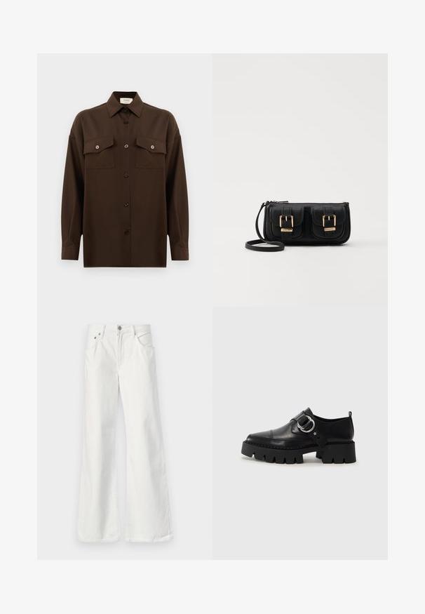 Tumepruun pikkade varrukatega nööbitav särk kahe klapp-taskuga rinnal ja klassikalise kraega, esitlemiseks lihtsa valge tausta ees.; Valged denimpüksid, millel on kõrge talje, viie tasku disain ja nähtav õmblemine. Omab metallist nööpi ja lukku.; Mustad musta naha jalanõud, millel on jäme ribaga tallad, ringikujuline hõbedane detail ja minimaalne õmblusdetail.; Must küllastamata nahast õlakott, millel on kaks esist nähtavat taskut, kuldsed pandlad, tõmblukuga sulgemine ja peen rihm. Tekstuuriga pind ja kompaktne ristkülikukujuline kuju.