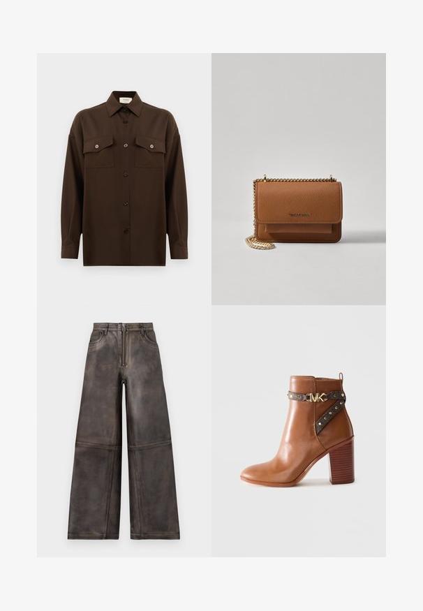 Temno rjav srajca z dolgimi rokavi na gumbe, z dvema žepoma na prsih in klasičnim ovratnikom, prikazana na enotni beli podlagi.; Široke hlače iz rjavega usnja z teksturirano površino, z sprednjim zadrgo, zankami za pas in diskretnimi stranskimi žepi.; Rjavi usnjeni gležnjarji z blokastim petami, stransko zanko z zlatimi zakovicami in z zlatim sponko z logotipom "MK".; Rjava teksturirana usnjena torba čez ramo z zlatim verižnim trakom in zapiranjem na pokrov. Spredaj je vidna podrobnost logotipa in žep pod pokrovom.