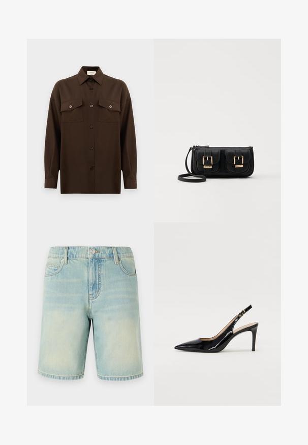 Dark brown long-sleeve button-up shirt with two flap chest pockets and a classic collar, displayed against a plain white background.; Light blue denim shorts with a faded finish, featuring five-pocket design, visible stitching, and a metal button closure at the waistband.; Black patent leather slingback pump with pointed toe, slim heel, and a subtle cutout design. Features a gold buckle on the strap.; Black leather crossbody bag with two front pockets, gold buckles, zipper closure, and a slim strap. Textured surface and compact rectangular shape.