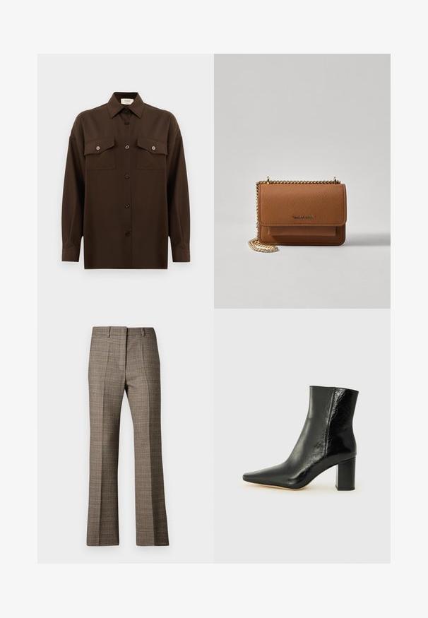 Cămașă lungă, cu mâneci lungi, de culoare maro închis, cu două buzunare frontale cu clapetă și guler clasic, expusă pe un fundal alb simplu.; Pantaloni în carouri maro, cu un croi drept, având un material texturat și nuanțe subtile de bej și maron închis în întregul model.; Botine negre din piele lucioasă, cu vârful ascuțit și un toc pătrat masiv. Au o textură netedă și un design minimalist.; Geantă crossbody din piele texturată maro, cu curea din lanț aurit și închidere cu clapetă. Partea din față prezintă detalii cu logo și o buzunar sub clapetă.