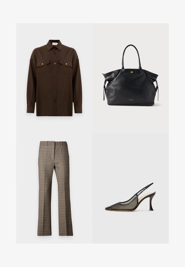 Dunkelbraunes Langarmhemd mit Knopfleiste, zwei Brusttaschen mit Klappe und klassischem Kragen, vor einem schlichten weißen Hintergrund präsentiert.; Braune karierte Hose mit geradem Bein, die aus einem strukturierten Stoff gefertigt ist und dezente Farbtöne von Beige und dunkleren Brauntönen im Muster aufweist.; Schwarze Slingback-Pumps mit hohem Absatz, spitzer Zehenform, Netzdetails und einer glatten Lederkappe. Die Farben umfassen Schwarz und beige Akzente.; Schwarze Leder-Shopper-Tasche mit strukturierter Oberfläche, goldfarbenen Beschlägen und zwei abgerundeten Griffen. Verfügt über einen sicheren Verschluss und ein dezentes Branding.