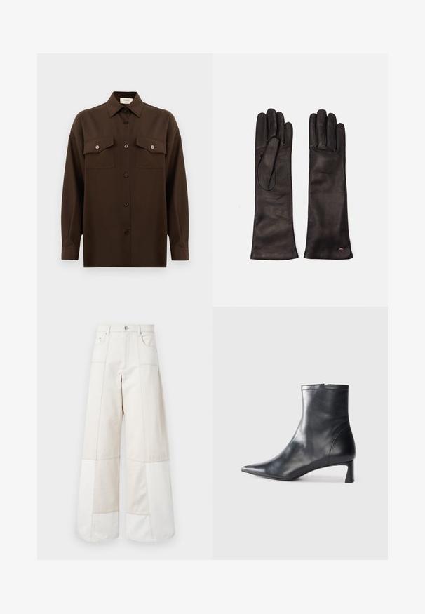 Tmavě hnědá košile s dlouhým rukávem a knoflíky, se dvěma kapsami na hrudi a klasickým límečkem, vystavená na čistém bílém pozadí.; Beige široké kalhoty z denimu, s patchworkovým designem a světlejšími panely, vysokým pasem a předními kapsami.; Černé kožené kotníkové boty s špičatou špičkou a elegantním designem. Mají nízký podpatek a zipové zapínání na zadní straně. Hladká textura.; Weekend Max Mara SENAPE - Rukavice - nero