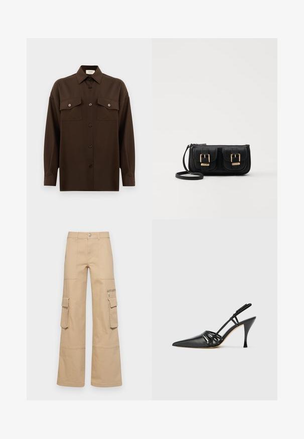 Tumepruun pikkade varrukatega nööbitav särk kahe klapp-taskuga rinnal ja klassikalise kraega, esitlemiseks lihtsa valge tausta ees.; MAX&Co. REGIO - Kargopüksid - beige; Must musta kõrgtehnoloogiline suss, terava ninaga, ristcross rihmade disainiga ja õhukese stilettokontsaga. Sile tekstuur ja minimaalne kaunistus.; Must küllastamata nahast õlakott, millel on kaks esist nähtavat taskut, kuldsed pandlad, tõmblukuga sulgemine ja peen rihm. Tekstuuriga pind ja kompaktne ristkülikukujuline kuju.