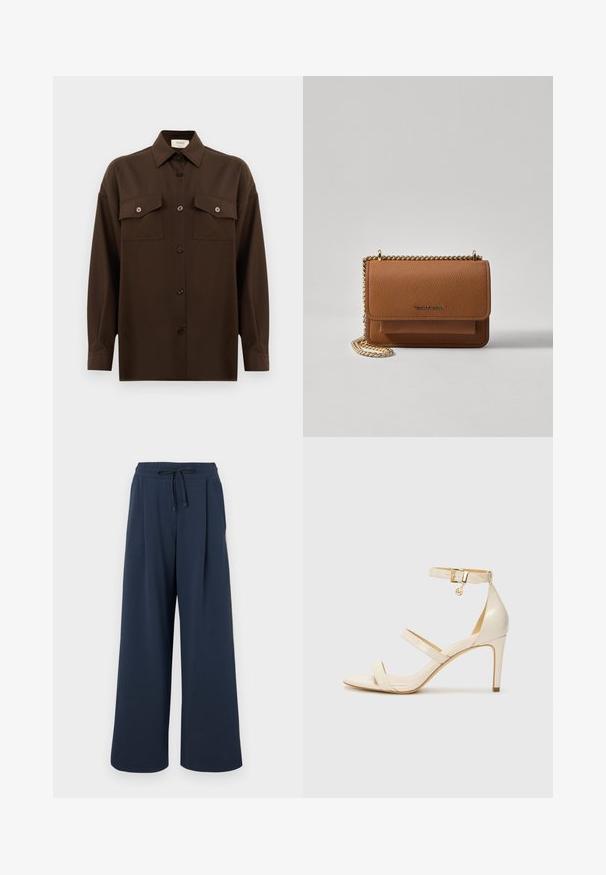 Dark brown long-sleeve button-up shirt with two flap chest pockets and a classic collar, displayed against a plain white background.; Navy wide-leg pants made from soft fabric, featuring an elastic waistband with a drawstring and side pleats for added structure.; Beige high-heeled sandals with thin ankle strap and two upper straps. Glossy patent finish and gold hardware detail on the ankle strap.; Brown textured leather crossbody bag with gold chain strap and flap closure. Front features logo detail and a pocket under the flap.