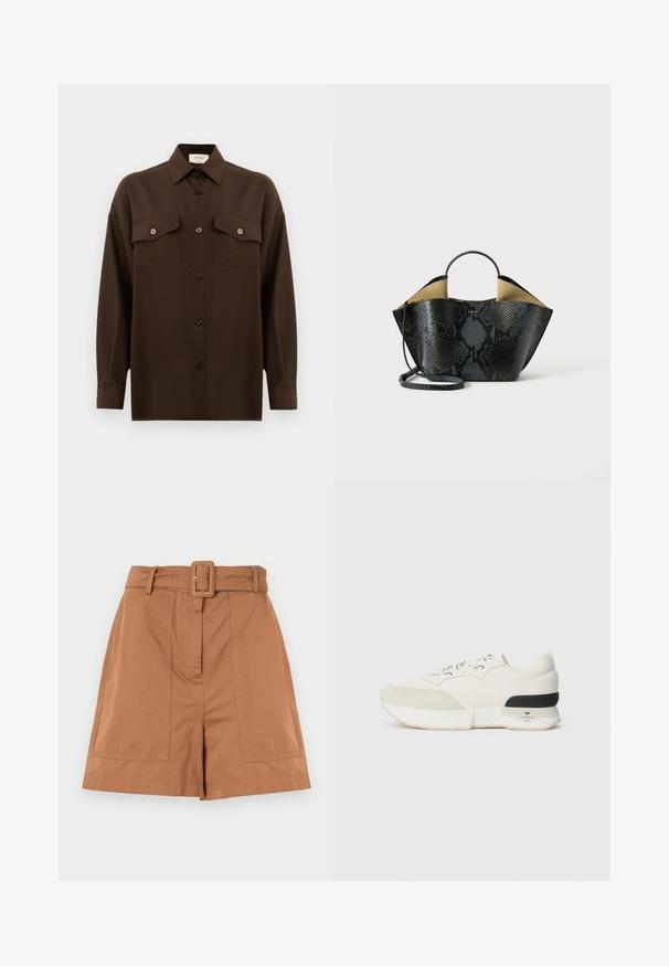 Dark brown long-sleeve button-up shirt with two flap chest pockets and a classic collar, displayed against a plain white background.; Brown cotton shorts feature a belted waist, front pleats, and two side pockets, with a smooth texture and tailored design.; White sneaker featuring a textured suede toe cap, smooth mesh upper, decorative laces, and a black rubber heel accent.; Black and gray snakeskin pattern handbag with a structured design, dual handles, and an adjustable shoulder strap. Features a beige interior.