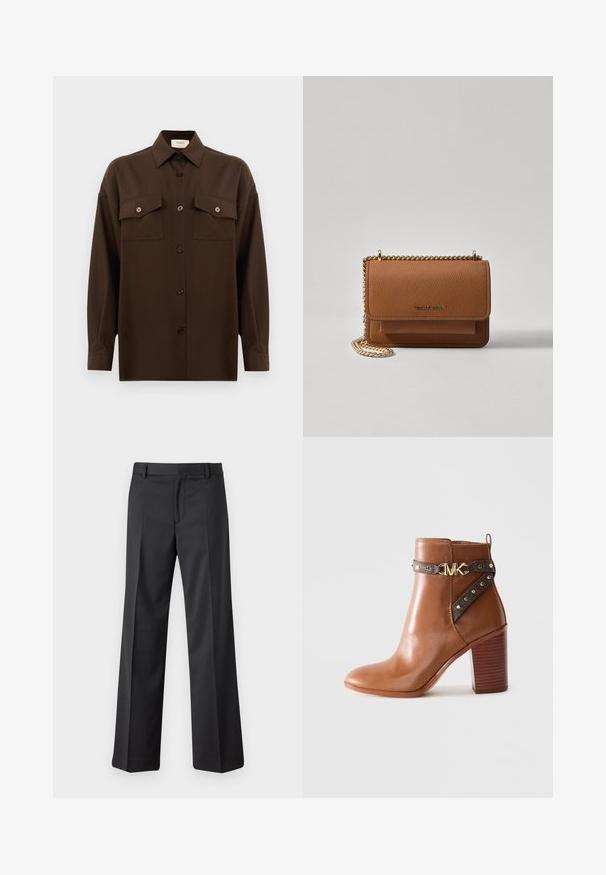 Donkerbruin langarm overhemd met knopen, voorzien van twee zakken met klep op de borst en een klassieke kraag, weergegeven tegen een effen witte achtergrond.; Zwarte, wijde broek van soepele stof. Voorzien van een tailleband met riemlussen en plooien aan de voorkant. Rechte snit tot de enkel.; Bruine leren enkellaars met een gestapelde blokhak, zijriem met gouden studs en een gouden "MK" logo gesp.; Bruine lederen schoudertas met textuur, voorzien van een gouden kettingstrap en klepsluiting. De voorkant heeft een logo-detail en een zak onder de klep.